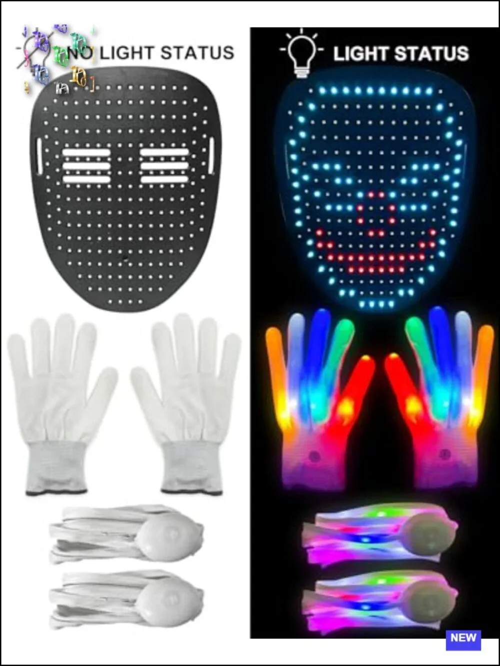 LED Light Up Halloween Mask Gloves Shoelaces Set for Kids Costume